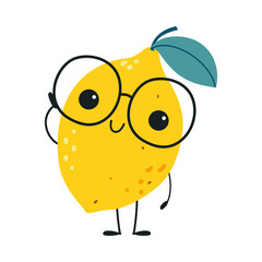 Funny Yellow Lemon Fruit Character with Smiling Face and Arm Wearing Glasses Vector Illustration