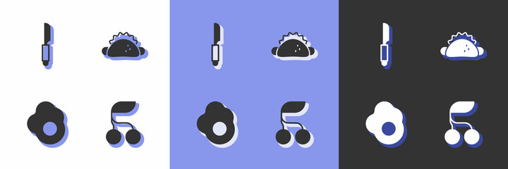 Set Fresh berries, Knife, Scrambled egg and Taco with tortilla icon. Vector
