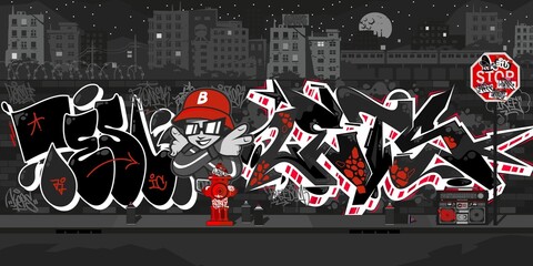 Dark Outdoor Urban Graffiti Wall With Drawings At Night Against The Background Of The Cityscape Vector Illustration Art © Anton Kustsinski
