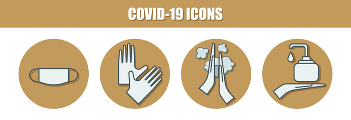 Set of covid-19 recommendations icons. Use mask, gloves, wash hands, sanitizer - 464964459