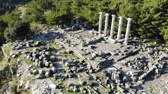 Aerial drone view of Temple of Athena Polias in the Ancient Priene, Aydin Province, Turkey