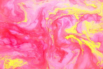 Abstract colored marble background, stains of pink and yellow paint on the surface of the water. Liquid colorful backdrop.