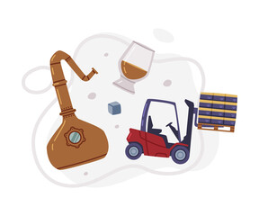 Whiskey Drink in Glass, Pot Still and Fork-lift Truck Vector Composition