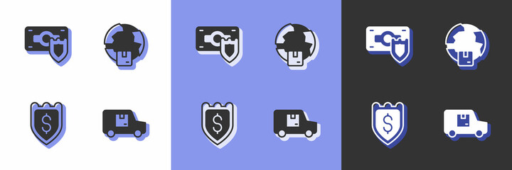 Set Delivery cargo truck, Money with shield, Shield dollar and Worldwide shipping icon. Vector
