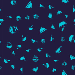 Set Cooking pot on fire, whisk with bowl, Covered tray of food and Frying pan on seamless pattern. Vector