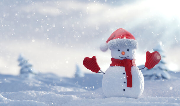 Snowman with blurred winter landscape background and snowfall. 3d rendering