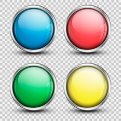 Glossy button. Shiny button with metallic elements. Vector illustration.