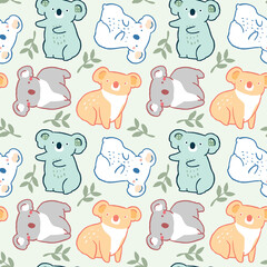 Seamless Pattern with Cute Koala Bear and Leaf Design on Light Green Background