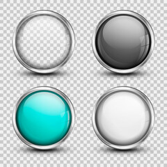 Glossy button. Shiny button with metallic elements. Transparent glass button. Vector illustration.