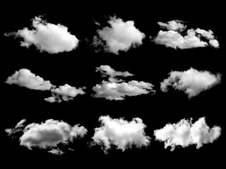 White clouds elements set, isolated on black background.