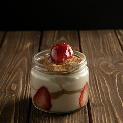 strawberry dessert in glass bowl