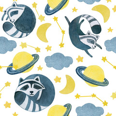 Seamless pattern watercolor sleeping raccoon lying, stars, planet, cloud isolated on white background, hand drawn decorative illustration cute animal for design good night card, cartoon backdrop