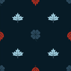 Set Leaf, Four leaf clover and Canadian maple on seamless pattern. Vector