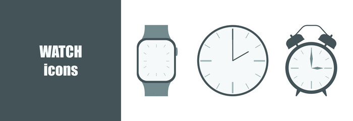 Set of watch icons. Handwatch, wall watch, alarm - 464966009