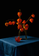 Orange autumn flowers in glass vase on blue surface in black background