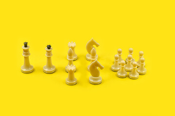 Blank diagram of business process and workflow. Chess pieces arranging task and project management on yellow paper background