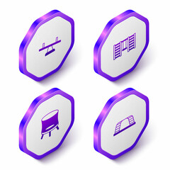 Fototapeta premium Set Isometric Seesaw, Swedish wall, Jumping trampoline and Monkey bar icon. Purple hexagon button. Vector