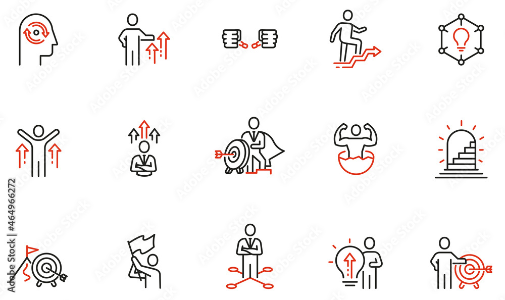 Poster vector set of linear icons related to assertiveness, striving for development, self-realization and 