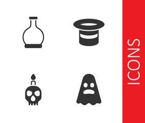 Set Ghost, Bottle with potion, Burning candle skull and Magic hat icon. Vector