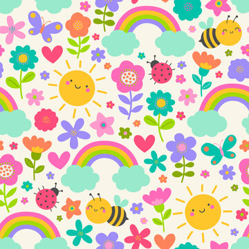 Colorful cute hand drawn floral and nature cartoon seamless pattern background.