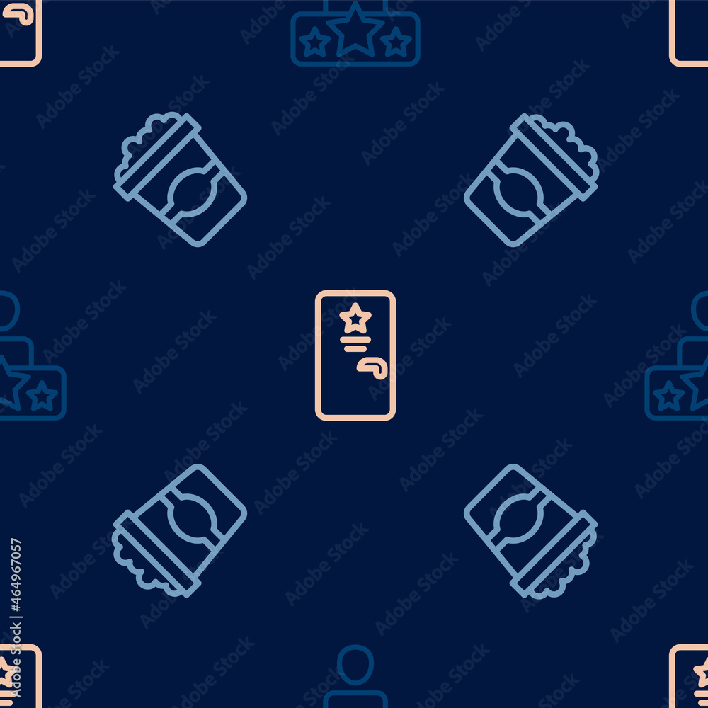 Poster set line actor star, popcorn in cardboard box and backstage on seamless pattern. vector