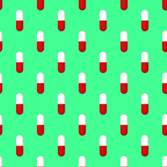 Drawing of images of medical capsules on a green mint background. template for overlaying on the surface. medicine. 3D rendering. 3D image. seamless pattern