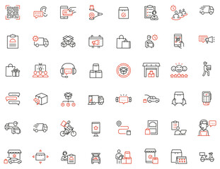 Vector Set of Linear Icons Related to Tracking Order, Shipping, Express Delivery Process and Order Curbside Pickup Online. Mono line pictograms and infographics design elements - obrazy, fototapety, plakaty