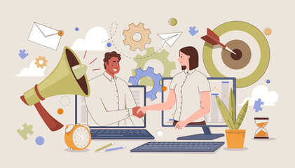 Online business relationship concept. Partners shake hands from monitors of different computers - successful completion of transaction, conclusion of contract. Vector flat illustration.
