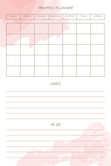 monthly planner trendy template with handwritten font and delicate watercolor brush stroke elements in pastel palette.