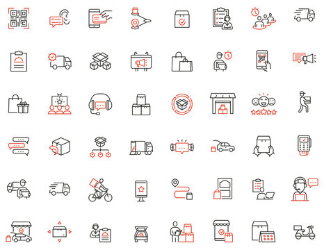 Vector Set of Linear Icons Related to Tracking Order, Shipping, Express Delivery Process and Order Curbside Pickup Online. Mono line pictograms and infographics design elements