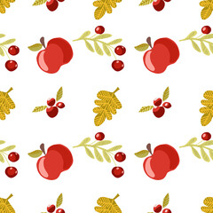 Thanksgiving Day seamless pattern. Vector illustration with turkey, pumpkins, red berries, autumn leaves, scarecrow, sunflowers, apples.