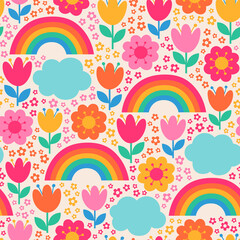 Colorful cute hand drawn floral, rainbow and cloud seamless pattern background.