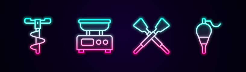 Set line Hand ice drill, Electronic scales, Crossed oars or paddles boat and Fishing float. Glowing neon icon. Vector