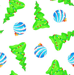 New Year (Christmas) tree and Christmas tree decoration. Seamless pattern. Watercolor