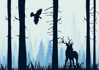 Foggy forest, trunk trees and forest and animals silhouettes vector landscape