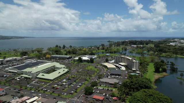 Hilo on the Big Island. Aerial drone footage of small Hawaiian city.