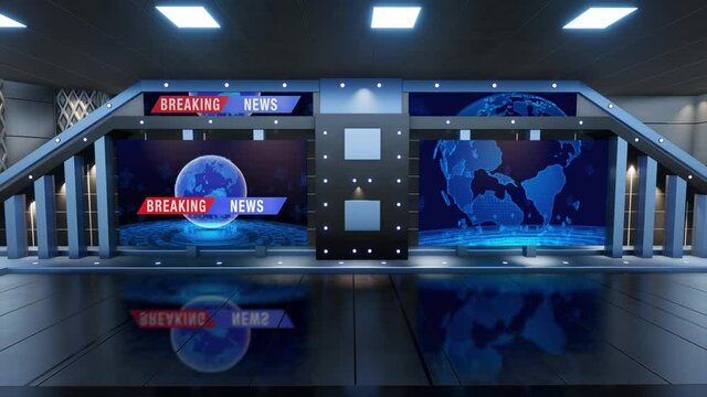 News TV Studio Set - Virtual Green Screen Background Loop motion footage, A green screen static image is included for easy editing_3D Rendering