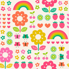 Colorful cute hand drawn floral, rainbow and fruit seamless pattern background.