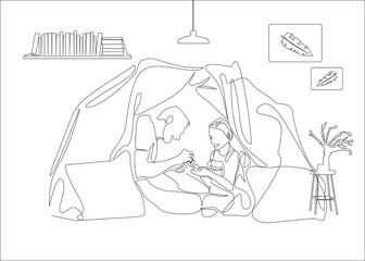 father and daughter set up a tent at home and play house games. Family having a good time at home during the pandemic period.