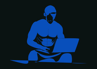 Trainer and coach interested in fitness and weight lifting are using a laptop. athlete looks at his weekly schedule on computer