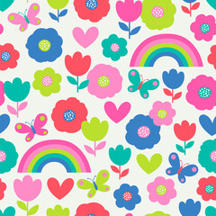 Colorful cute hand drawn floral and rainbow seamless pattern background.