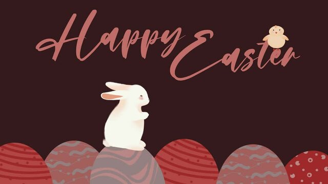 Animation for the religious holiday of Easter. Happy Easter. The rabbit jumps on the eggs of Easter eggs and pulls the inscription from above. Welcome message. Type. Print. Letter. Chicken on letters