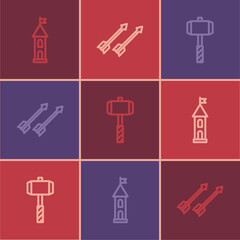 Set line Castle tower, Battle hammer and Medieval arrows icon. Vector
