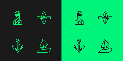 Set line Yacht sailboat, Anchor, Lighthouse and Kayak and paddle icon. Vector