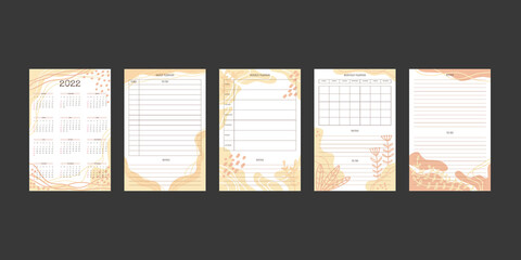 2022 calendar and daily weekly monthly planner collection with trendy hand drawn organic shapes and floral botanical elements in pastel neutral palette.