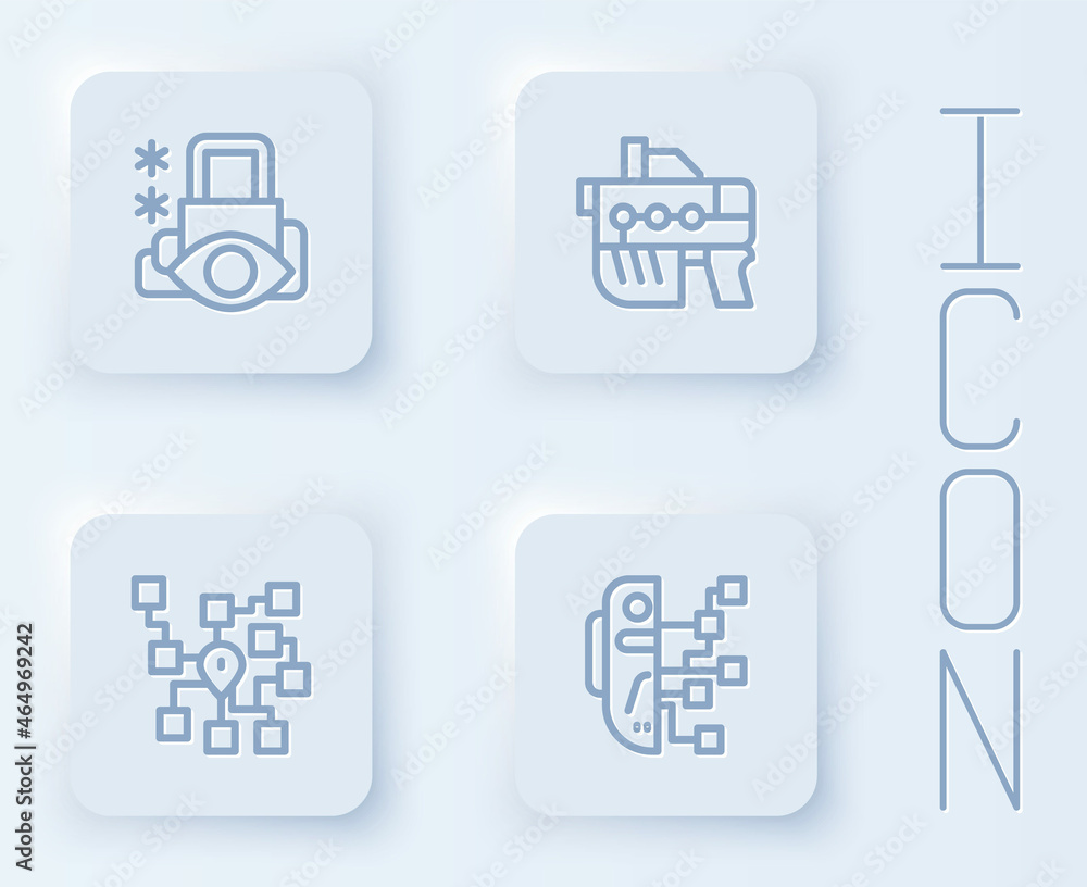 Poster set line cyber security, futuristic weapon, neural network and humanoid robot. white square button. 