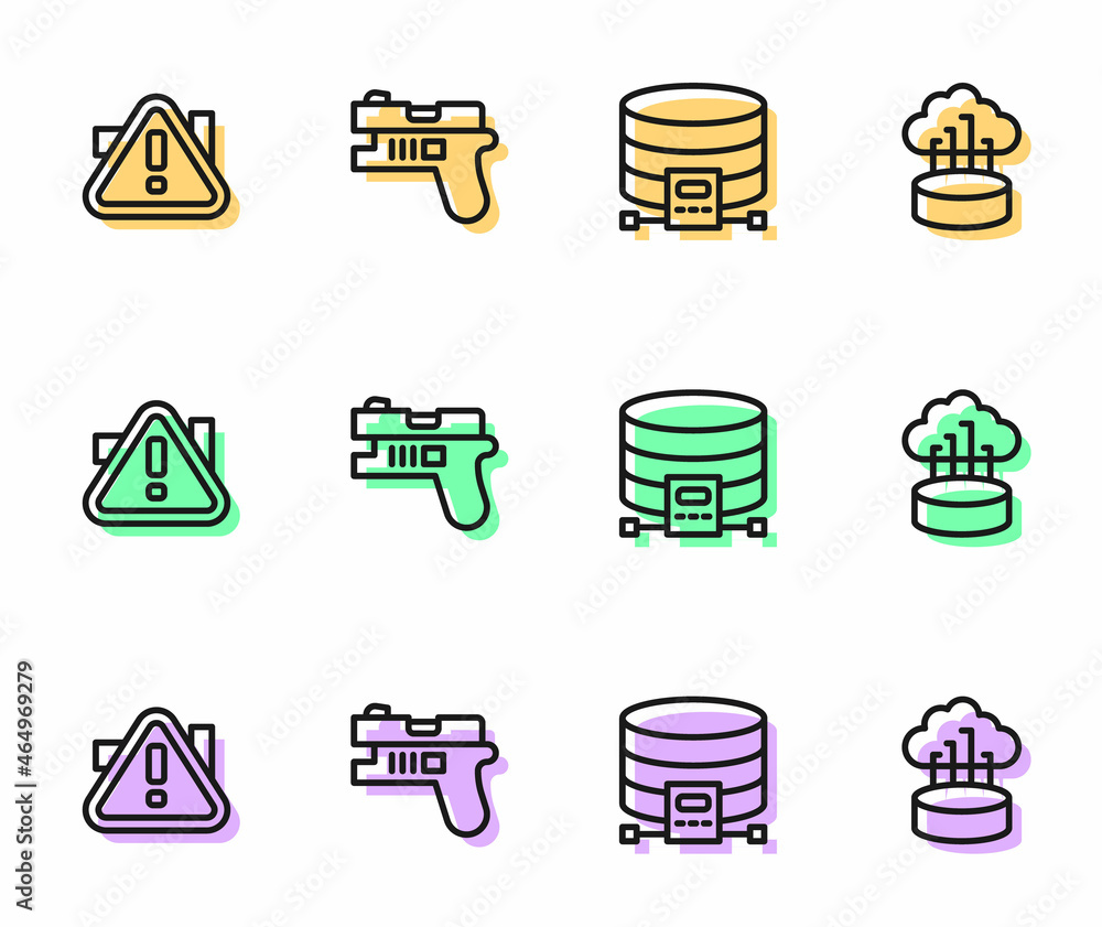 Poster set line cloud database, exclamation mark in triangle, futuristic weapon and network cloud connectio