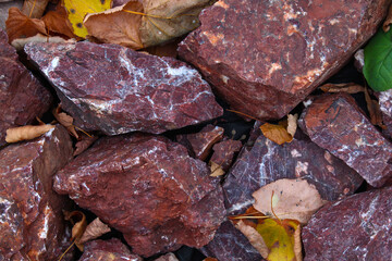 Texture red stone granite with leaves