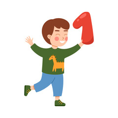 Happy, smiling boy runs with number one in his hands. Vector flat illustration of child who goes to school in first grade isolated on white background.