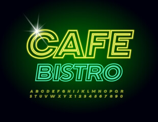 Vector Neon Banner Cafe Bistro. Modern Bright Font. Glowing Alphabet Letters and Numbers set